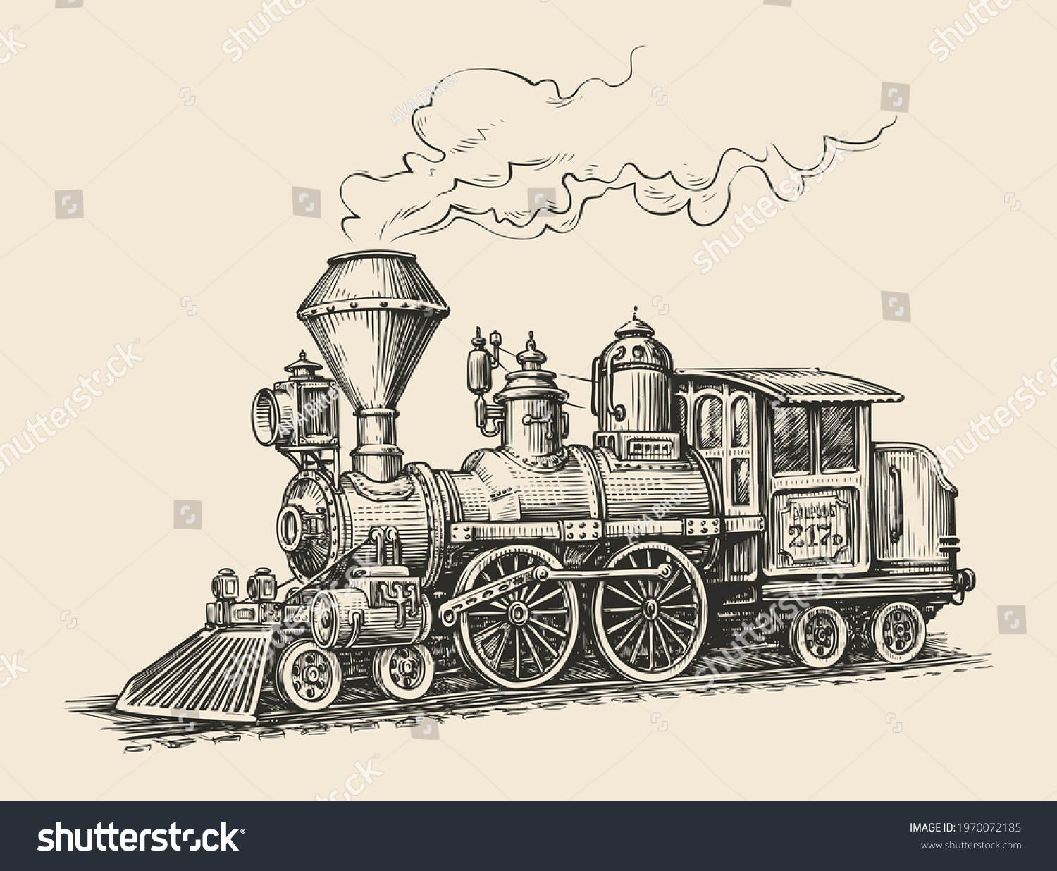 Retro steam locomotive transport sketch. Hand - Royalty Free Stock ...