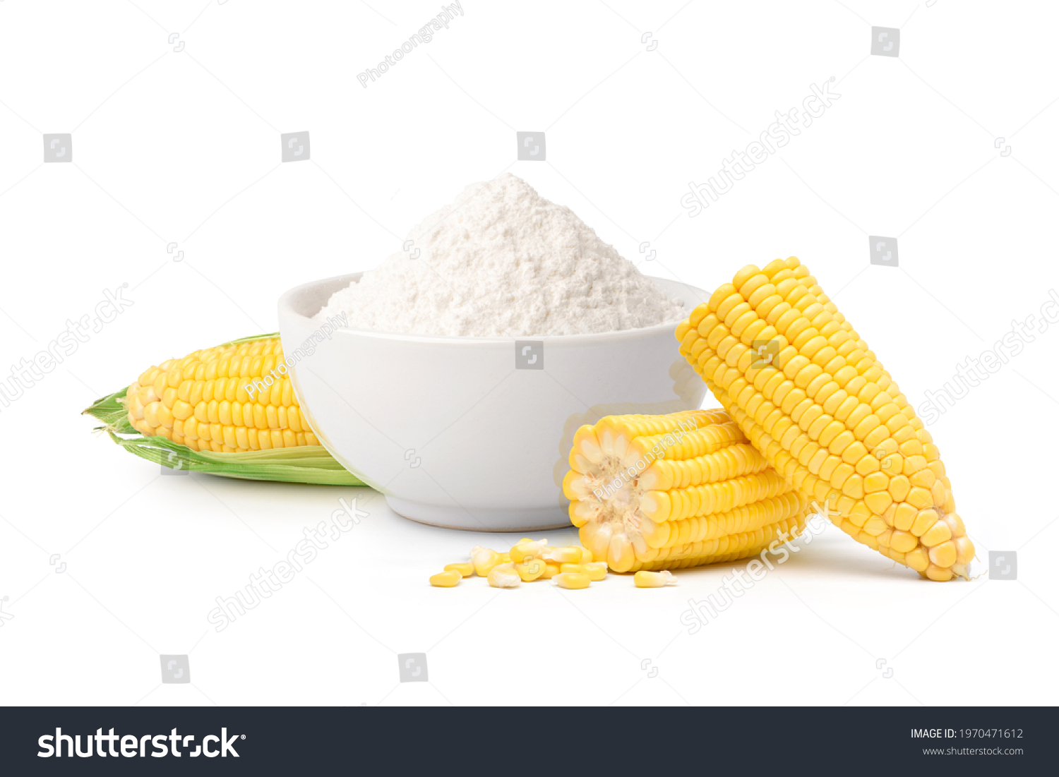 Corn starch with fresh corn isolated on white background. #1970471612