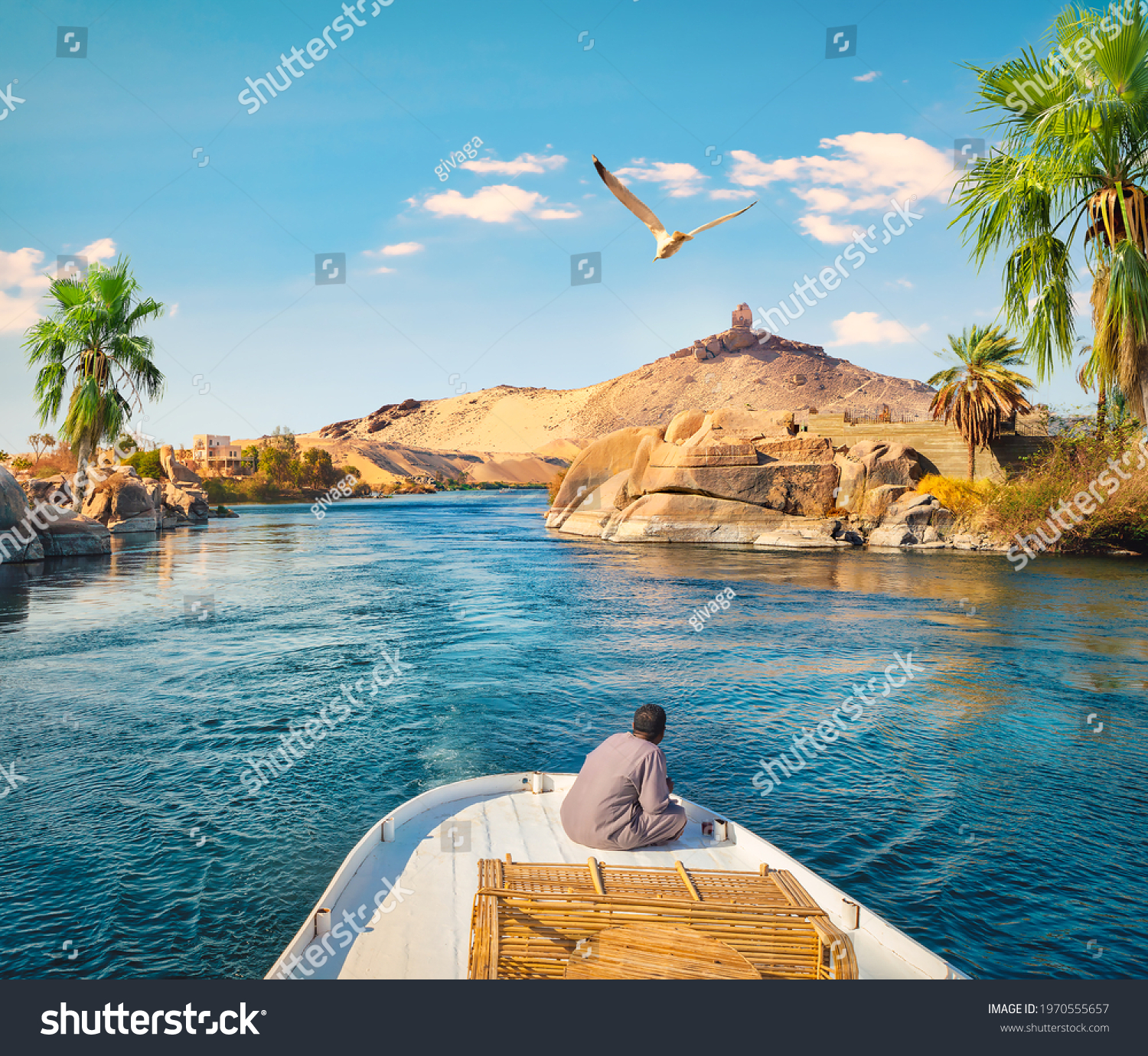 Boat driving on river Nile in Aswan, Egypt #1970555657