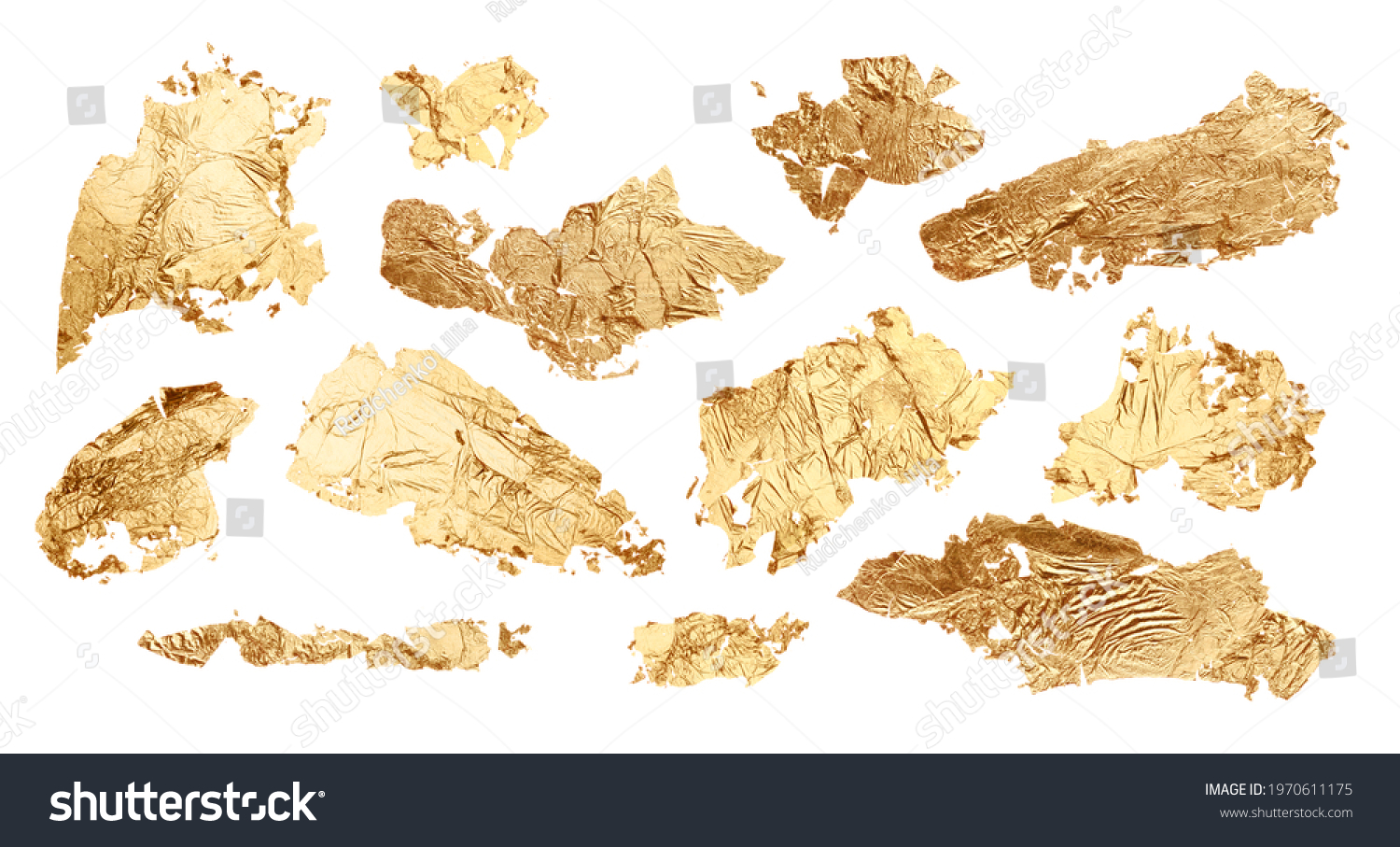 Gold glitter and bronze color blot. Abstract torn piece of metal leaf (potal) paper on white background. Collection. #1970611175