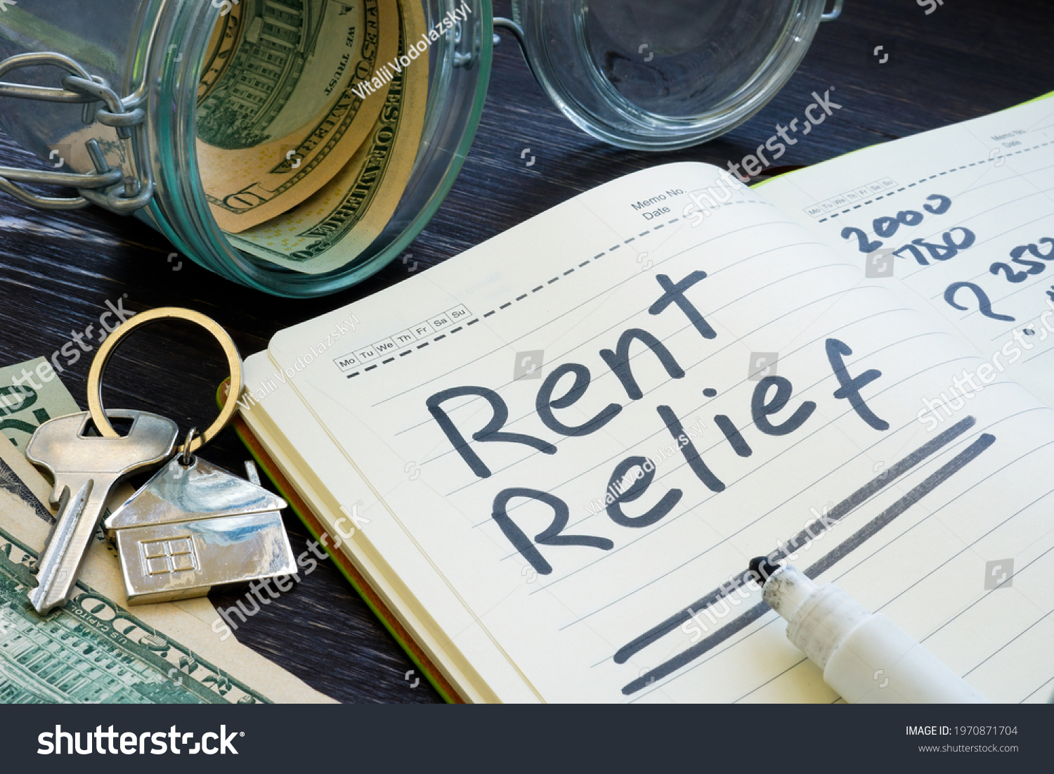 Rent relief sign and almost empty jar with money. #1970871704