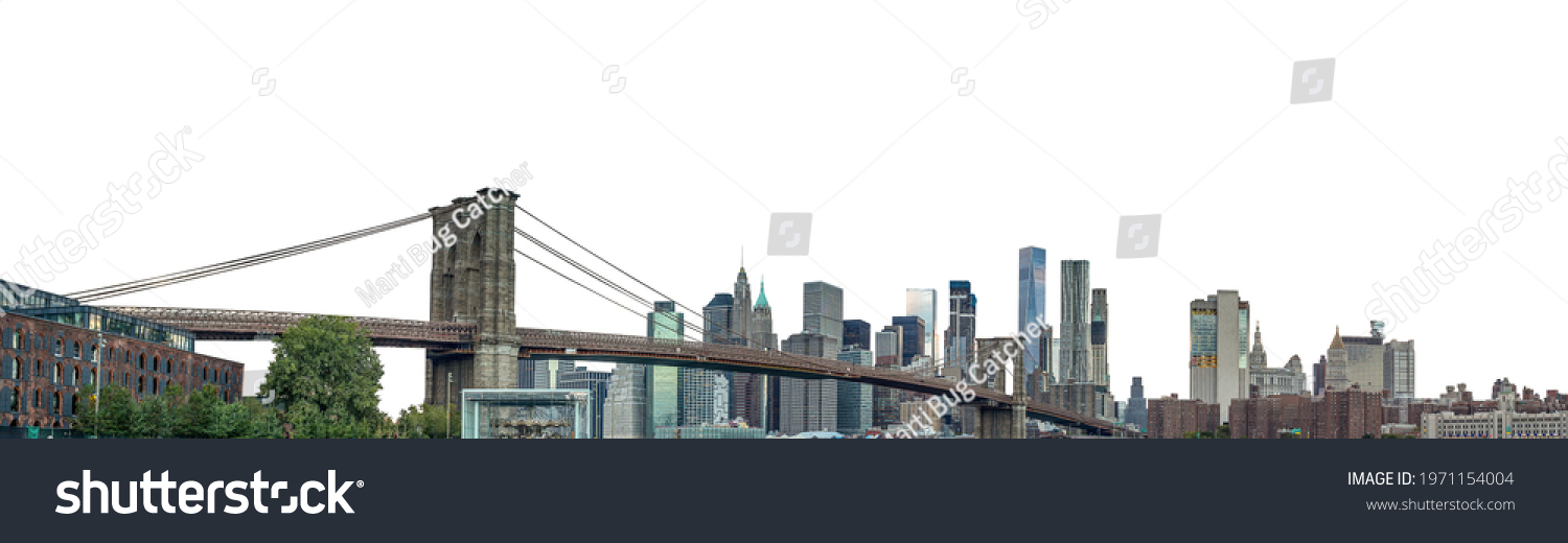 The Brooklyn Bridge and Manhattan skyline (New York, USA) isolated on white background #1971154004