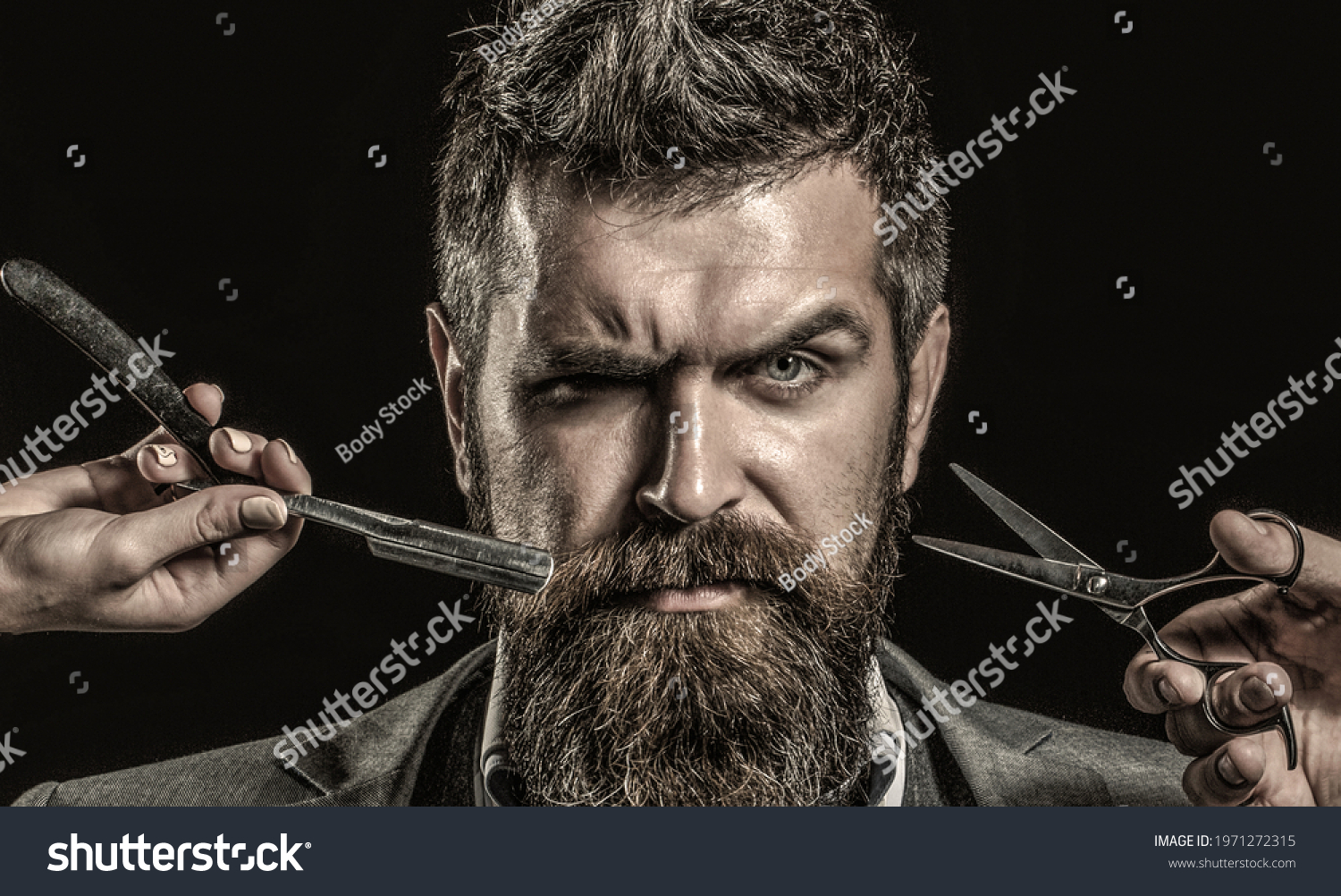 Vintage barbershop, shaving. Portrait beard man. Mustache men. Brutal guy, scissors, straight razor. Bearded client visiting barber shop. Barber scissors and straight razor, barber shop, suit. #1971272315