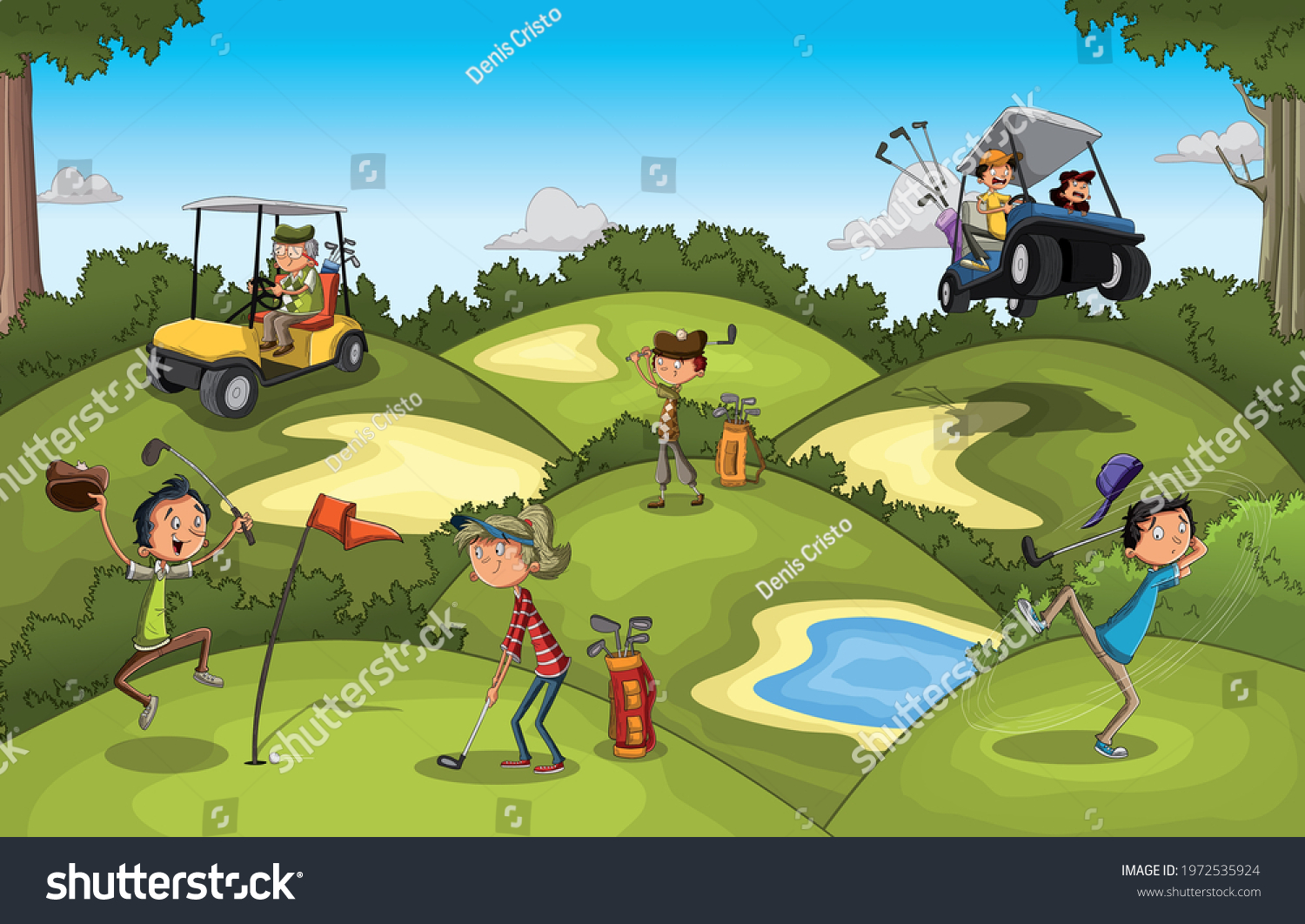 Cartoon People Playing Golf. Golf Course With - Royalty Free Stock ...