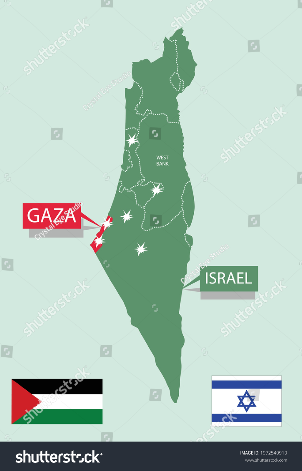 Gaza Strip in Israel with flags and explosion - Royalty Free Stock ...