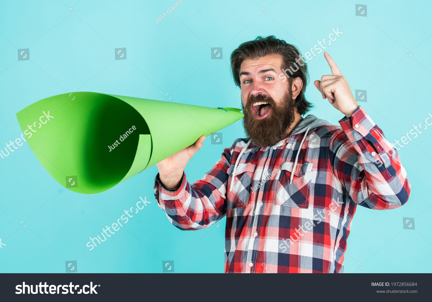 Freedom of press. Activist speaks at rally. Make it heard. oratory and rhetoric. mature crazy mad man pose with megaphone. announcement concept. stop being silent. hipster screaming in the megaphon #1972856684