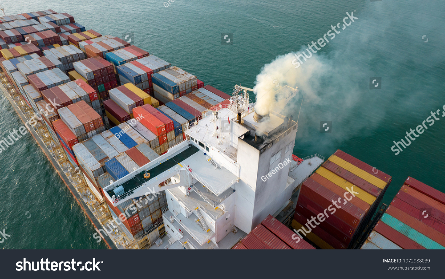 Smoke exhaust gas emissions from cargo lagre ship ,Marine diesel engine exhaust gas from combustion. #1972988039