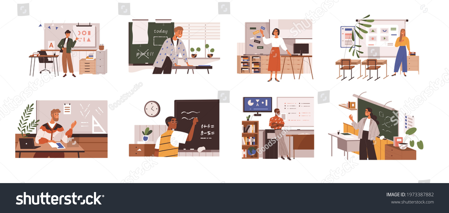 Set of school teachers standing at blackboards - Royalty Free Stock ...