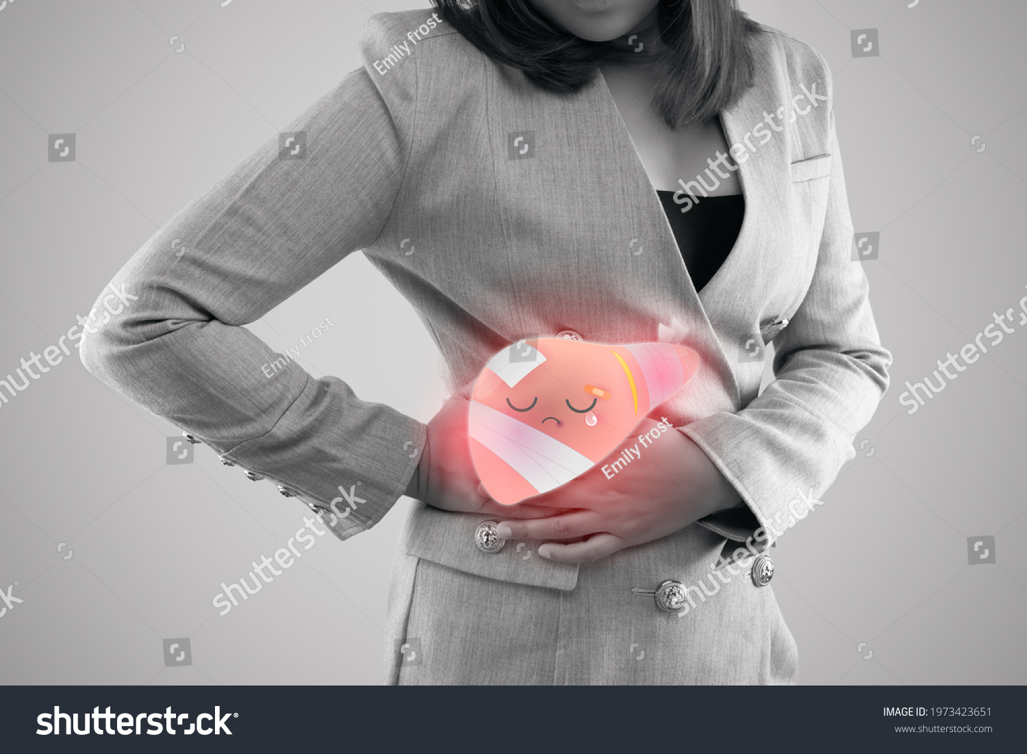 Illustration sick liver on woman's body against gray background, Hepatitis, Concept with healthcare and medicine #1973423651