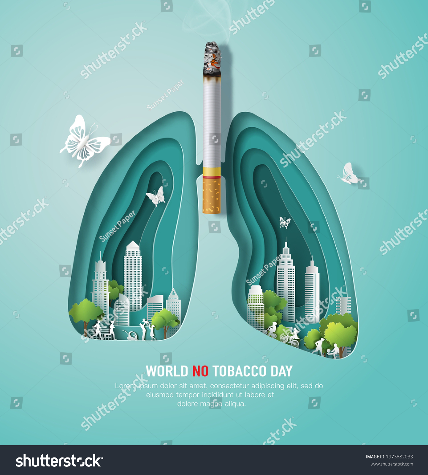 World No Tobacco day, banner design, a lung shape with many people, city and cigarette, paper illustration, and 3d paper. #1973882033
