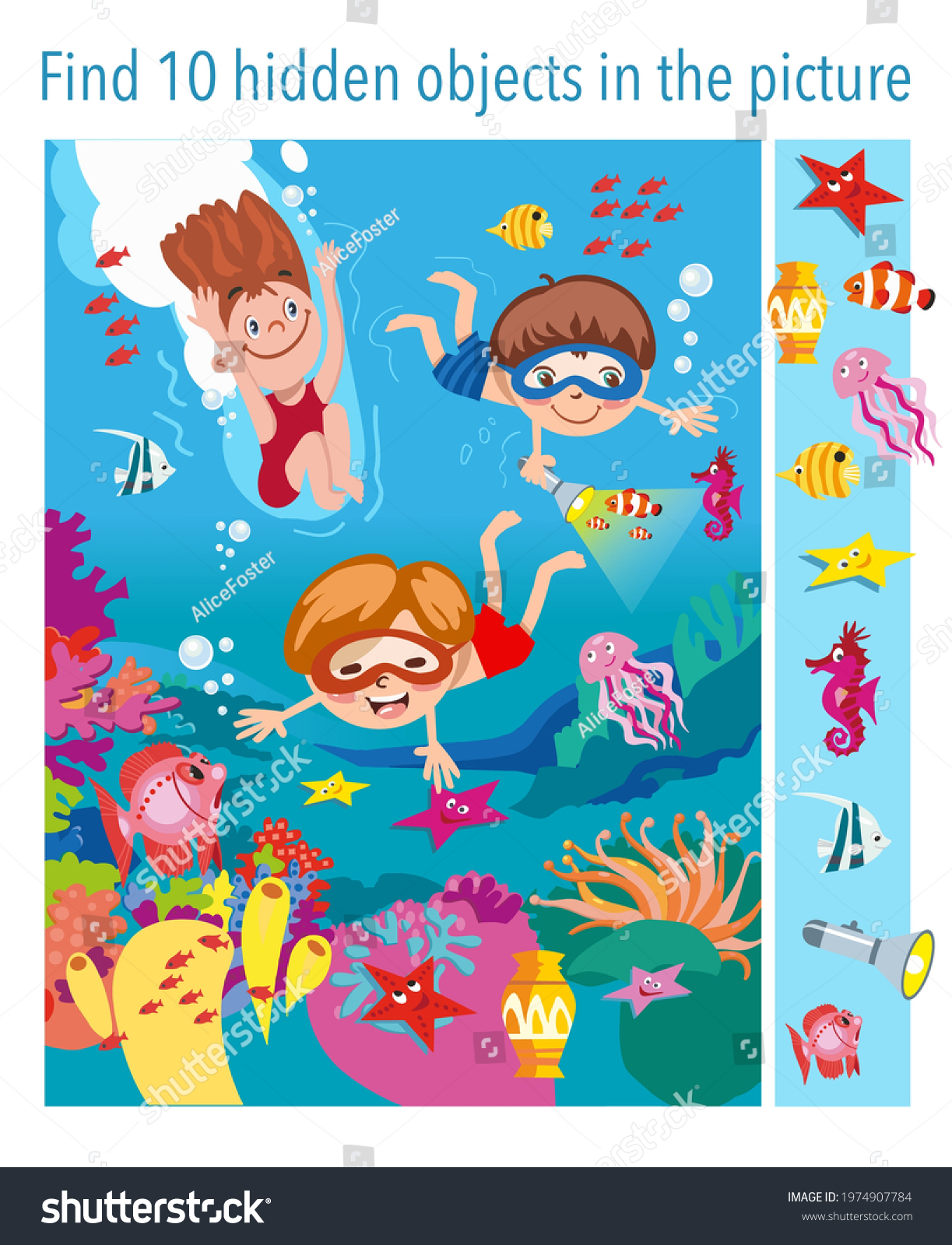 Find 10 objects in the picture. Children swim underwater with fish, seahorse, stars, jellyfish, vector illustration, full color. #1974907784
