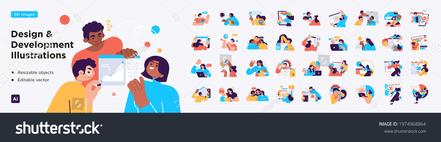 Design and Development illustrations. Mega set. Collection of scenes with men and women involved in software or web development. Trendy vector style #1974968864