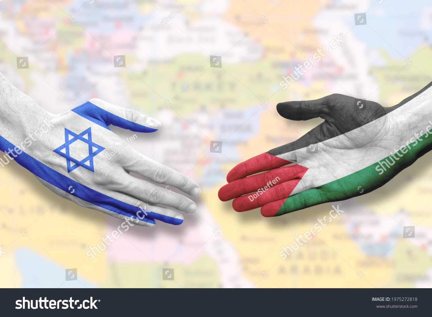 Israel and Palestine - Flag handshake symbolizing peace or agreement #1975272818