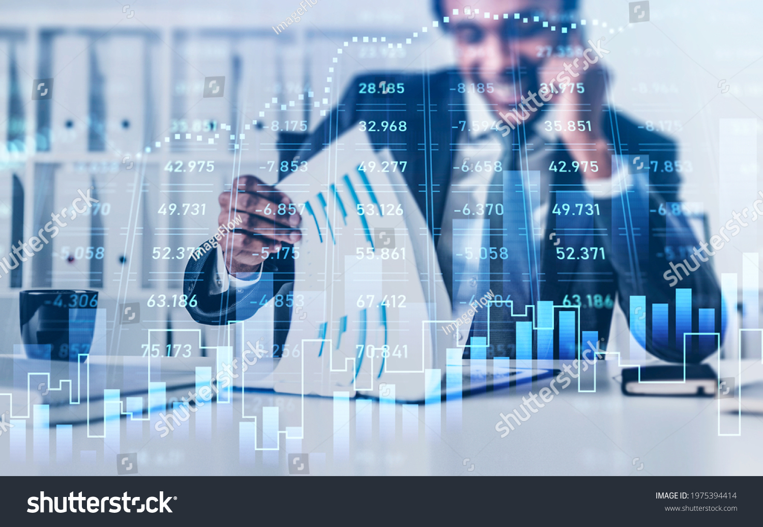 Handsome African American salesperson at investment bank is contacting with a client to invest in a new financial product to gain profit by checking fresh analytics report. Buy or sell stock concept #1975394414