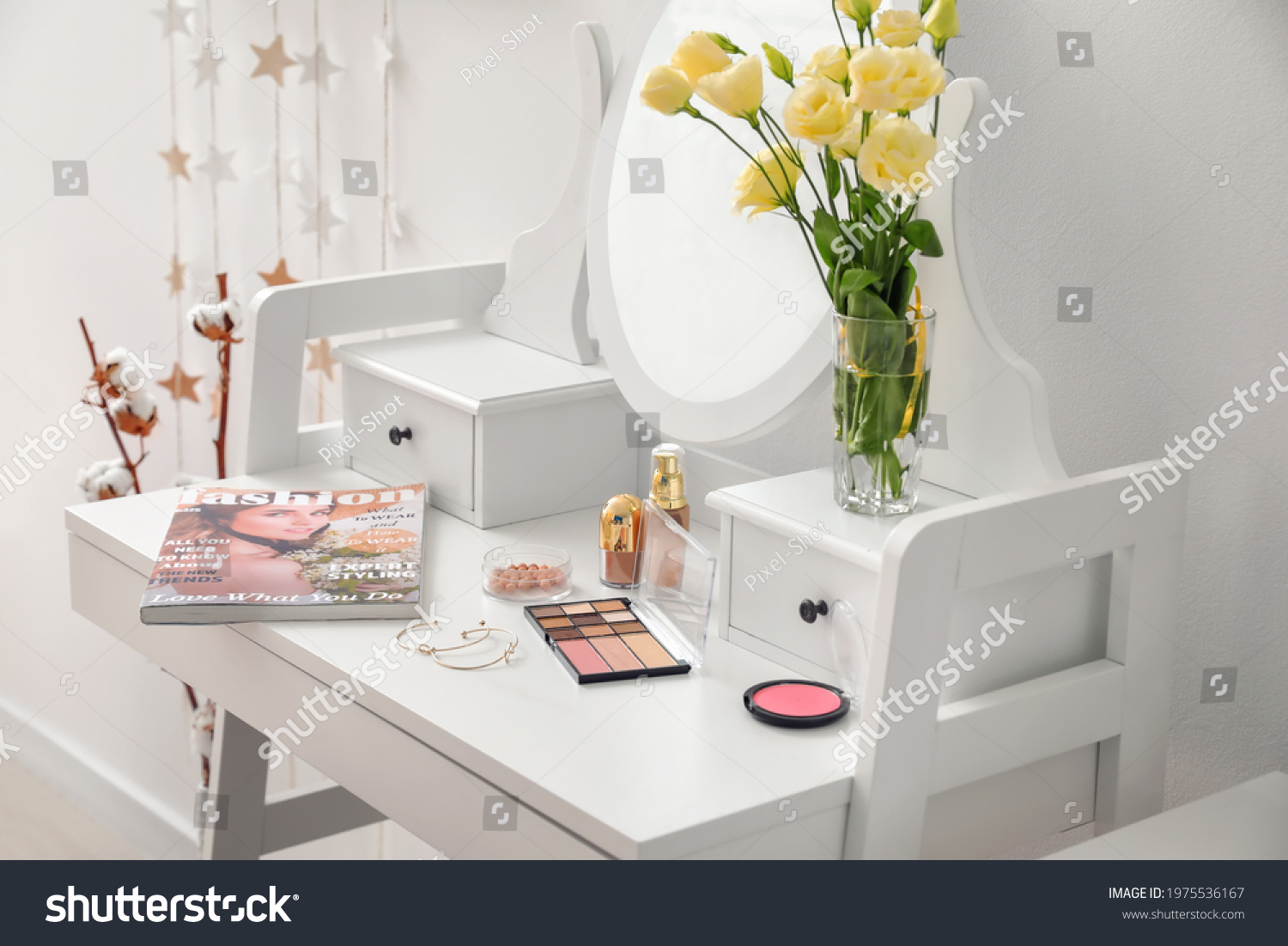 Table with mirror and decorative cosmetics in modern makeup room #1975536167