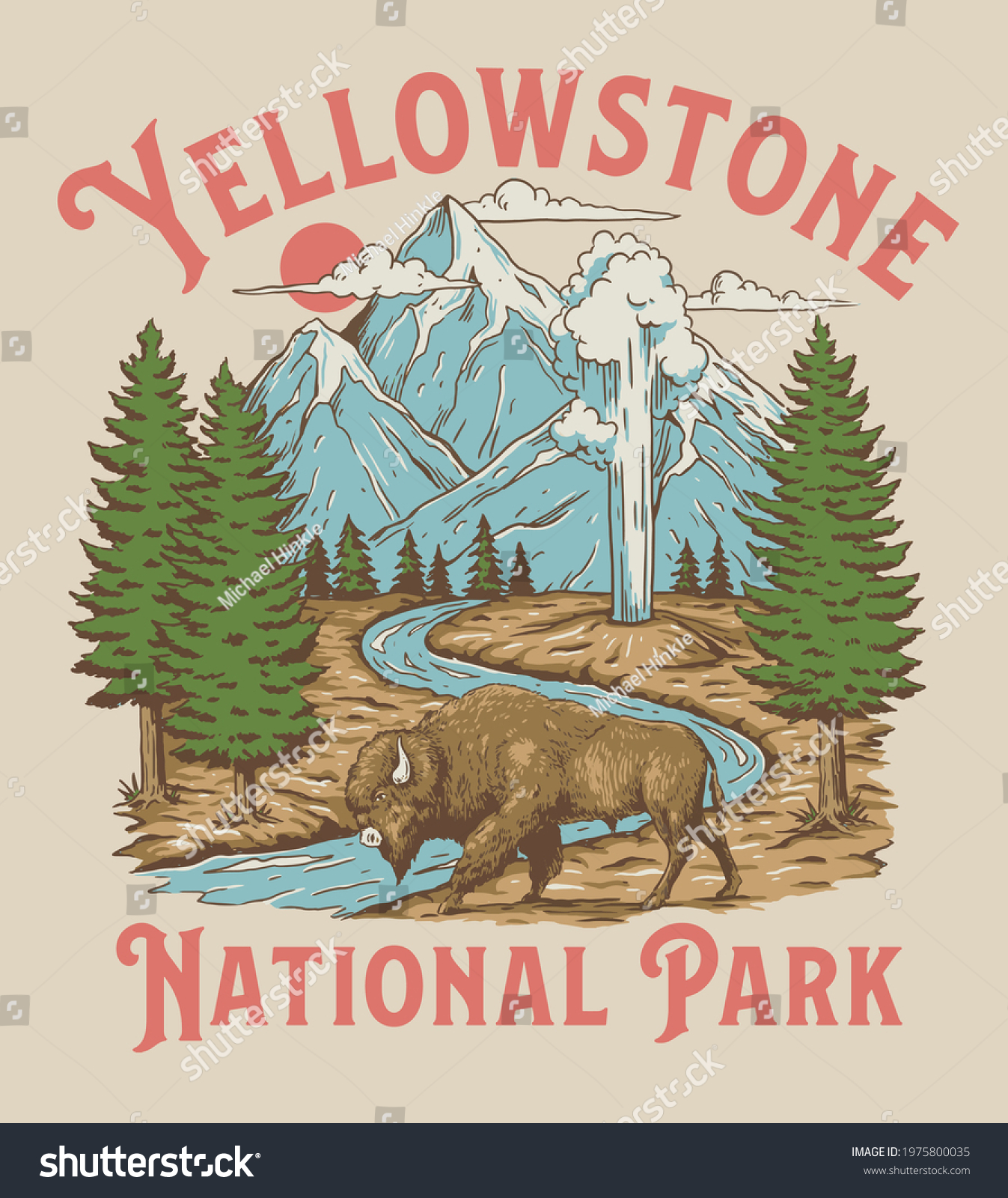 Vintage Yellowstone National Park Bison Mountain Geyser Scene #1975800035