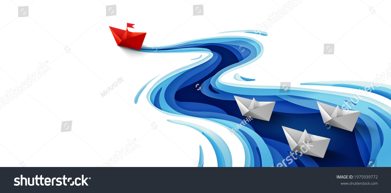 Success leadership concept, Origami red paper boat floating in front of white paper boats on winding blue river, Paper art design banner background, Vector illustration #1975939772