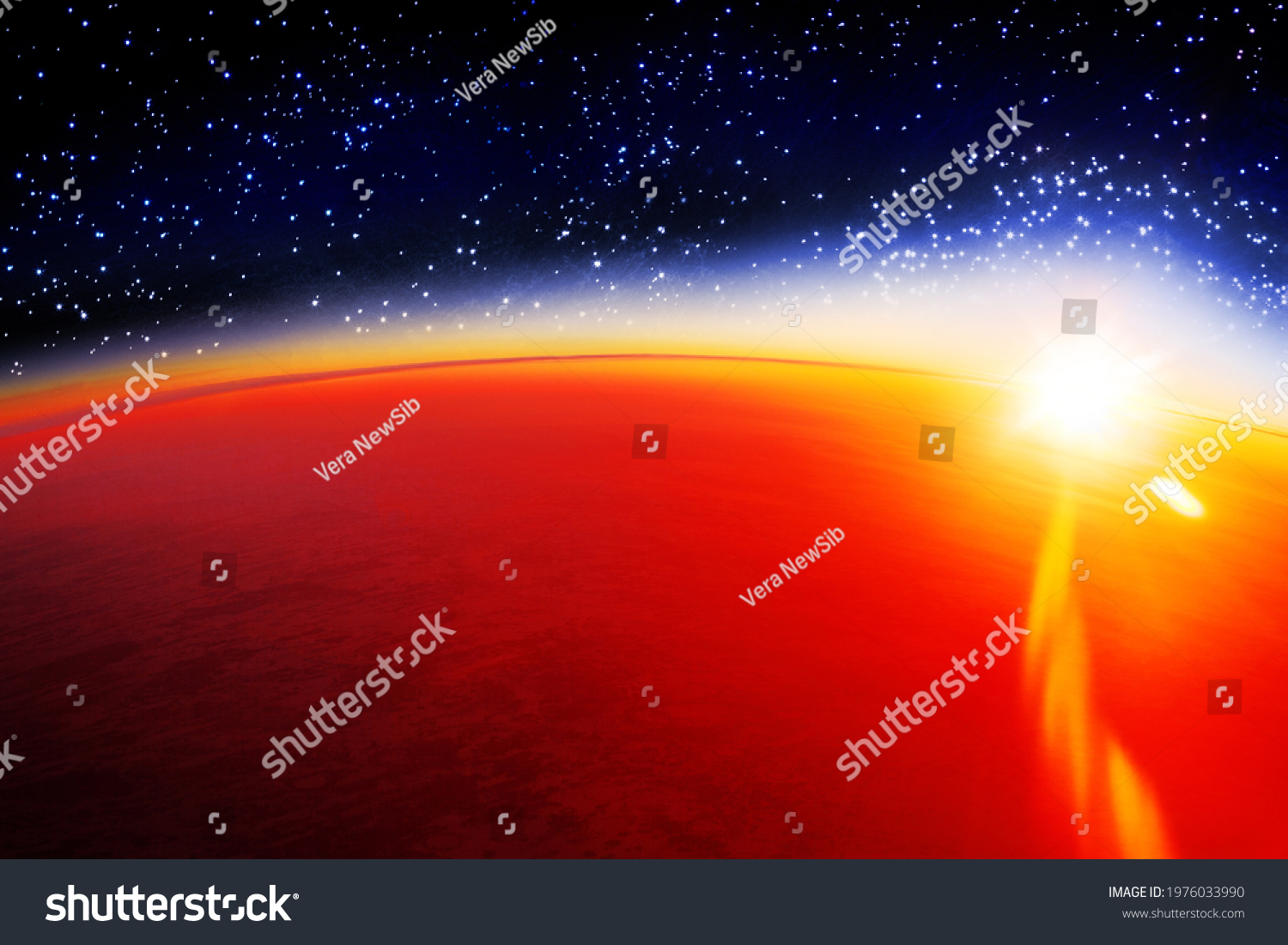 Cosmic sunset landscape, sunrise in cosmos over planet Mars horizon, stars, dark blue sky, yellow sun light rays, red sunlight glow, celestial bodies view, abstract alien galaxy, fantasy outer space #1976033990