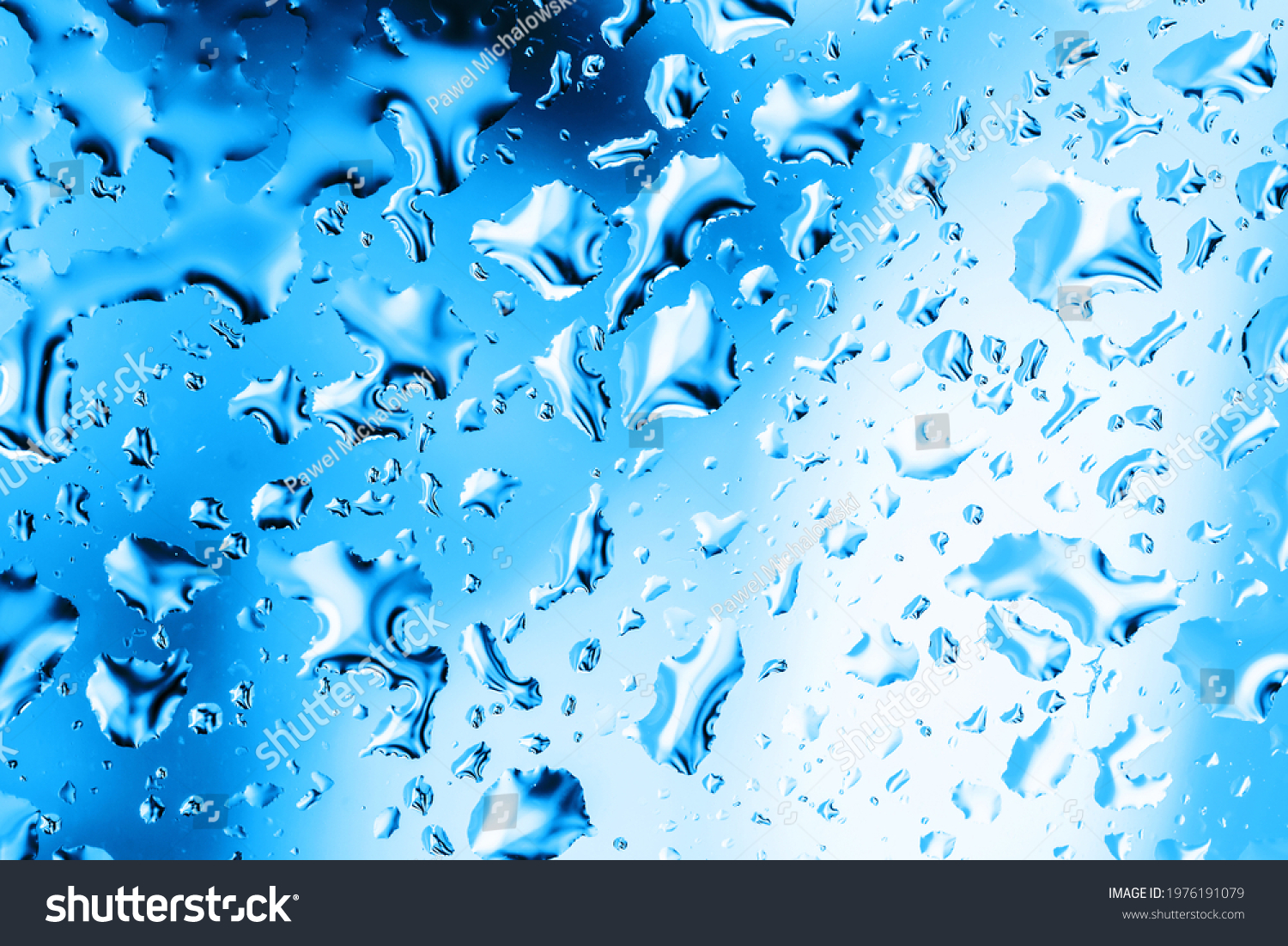 Rain window background. Water drops background. Wet glass surface texture. Bubble dew pattern. Transparent window blue raindrops. Bright white environment condensation texture. #1976191079