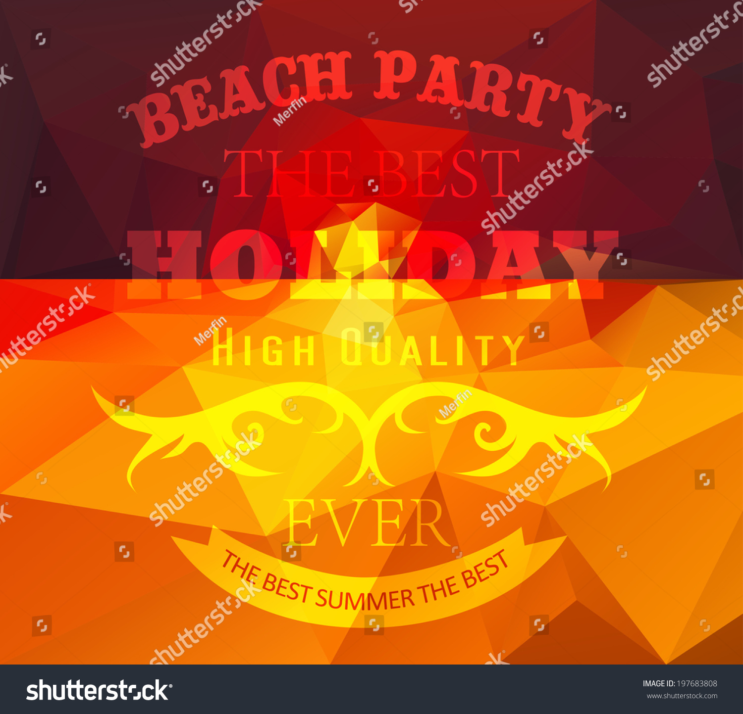 Polygonal seaside view summer poster  with typography elements. Polygonal background illustration #197683808