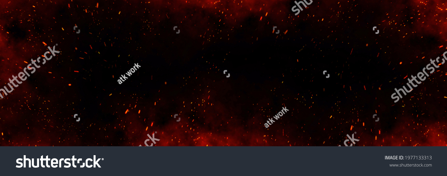 Fire embers particles over black background. Fire sparks background. Abstract dark glitter fire particles lights. bonfire in motion blur. #1977133313