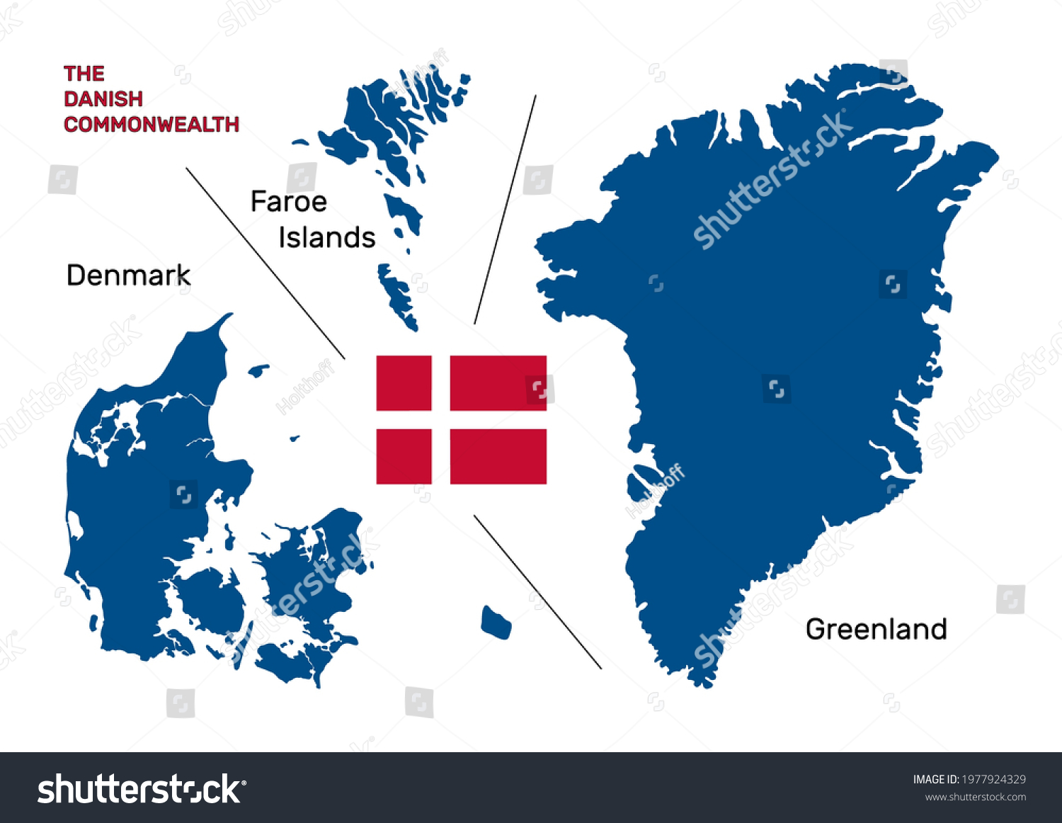The Danish Commonwealth map of Denmark, the Faroe Islands and Greenland. Denmark vector map and its two autonomous territories with flag and names #1977924329