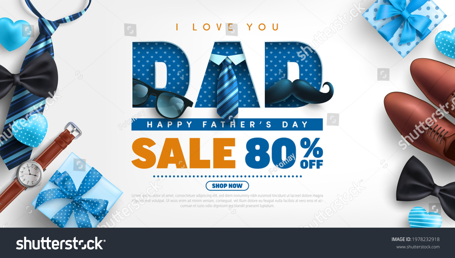 Father's Day Sale poster or banner template with necktie,glasses and gift box on blue.Greetings and presents for Father's Day in flat lay styling.Promotion and shopping template for love dad concept. #1978232918