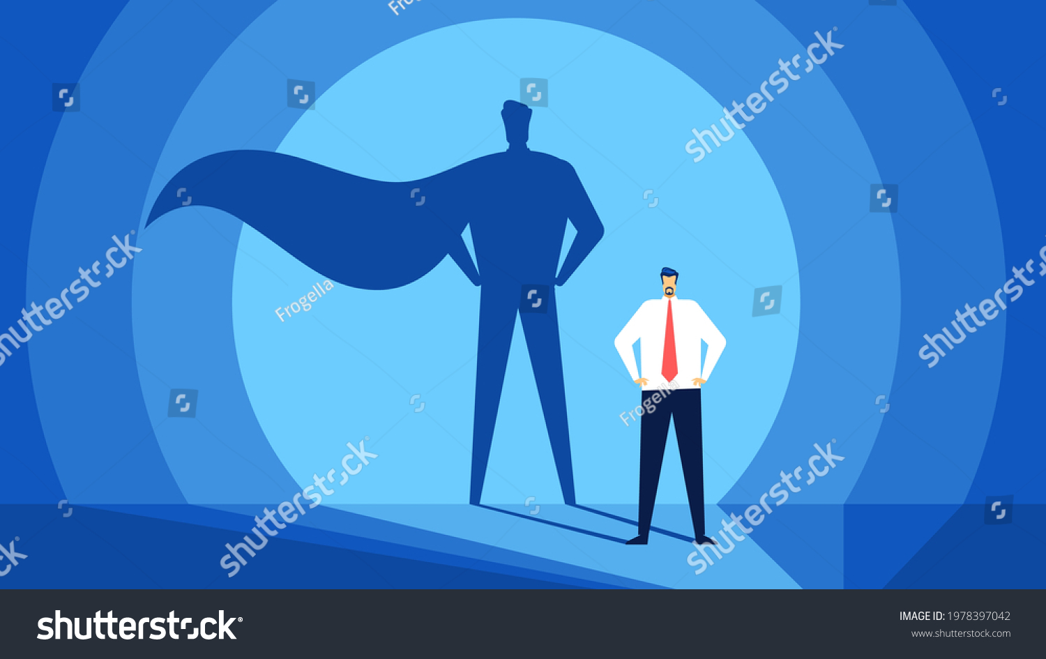 Businessman with superhero shadow. Successful and strong leader. Business success, confident leadership, ambition or power vector concept. Brave manager having career growth or promotion #1978397042