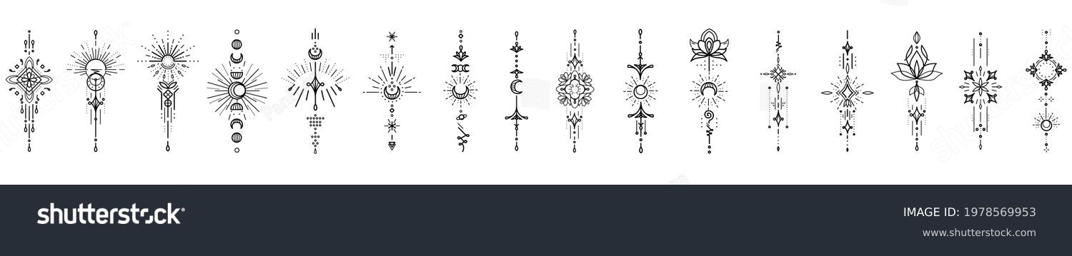 Big collection of bohemian linear symbols: sun, moon, sunburst, star, lotus flower. Geometric outline vertical ornamental  elements for decoration, vector isolated on white #1978569953
