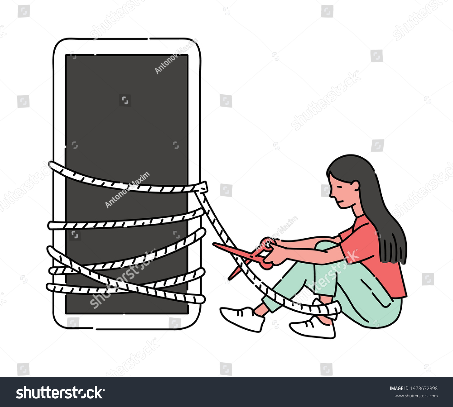 Digital Detox Concept Woman Cutting Rope Tied Royalty Free Stock Vector 1978672898 5374