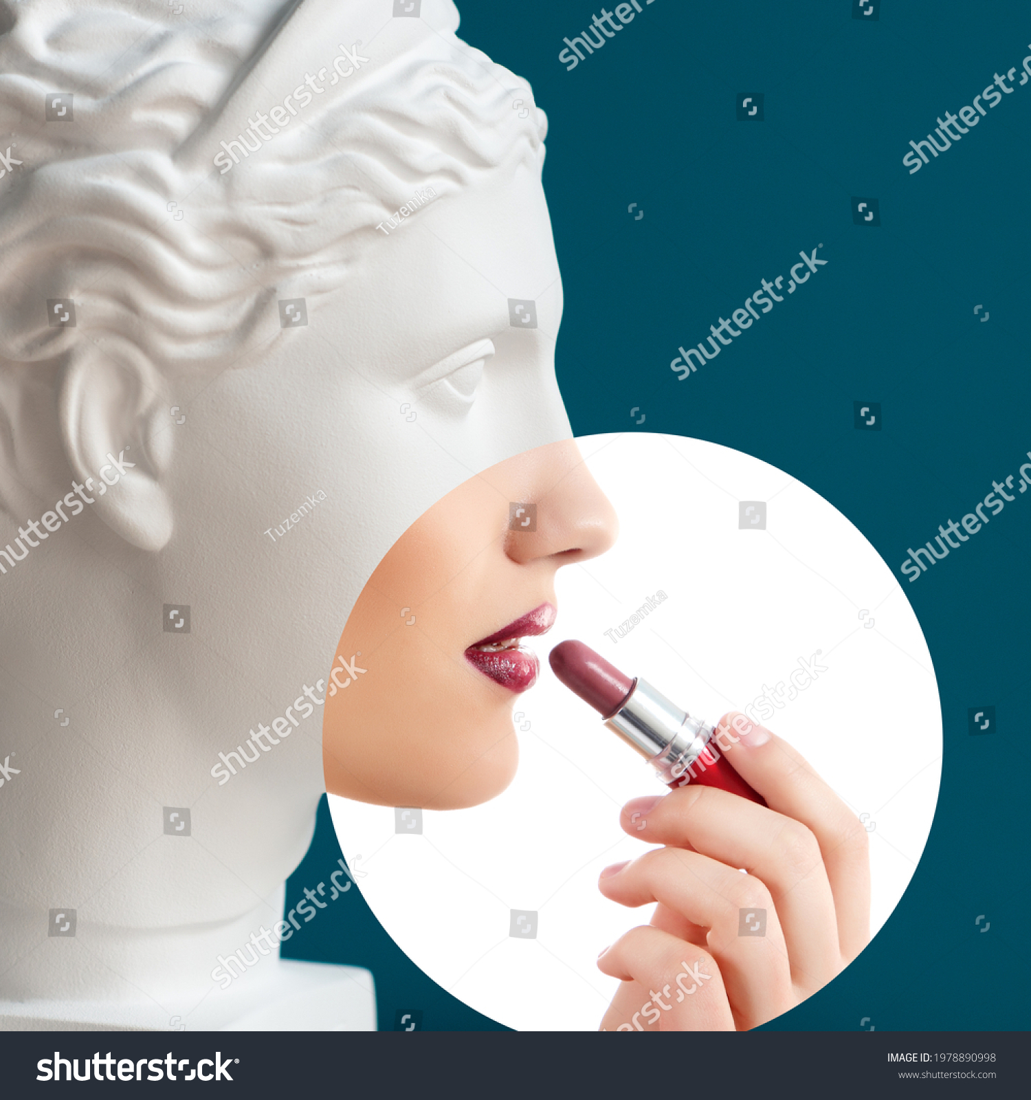 Contemporary collage of plaster statue head and young woman with lipstick in profile over deep blue background. Antiquity and modernity, beauty canons #1978890998
