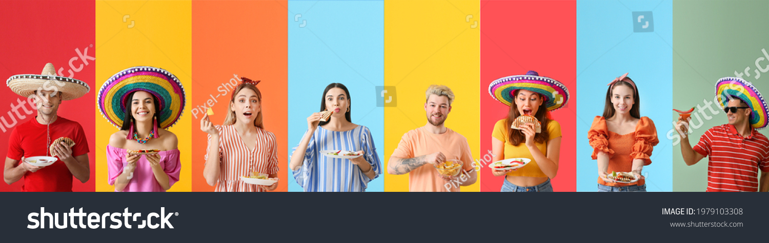 Set of people with tasty Mexican food on color background #1979103308