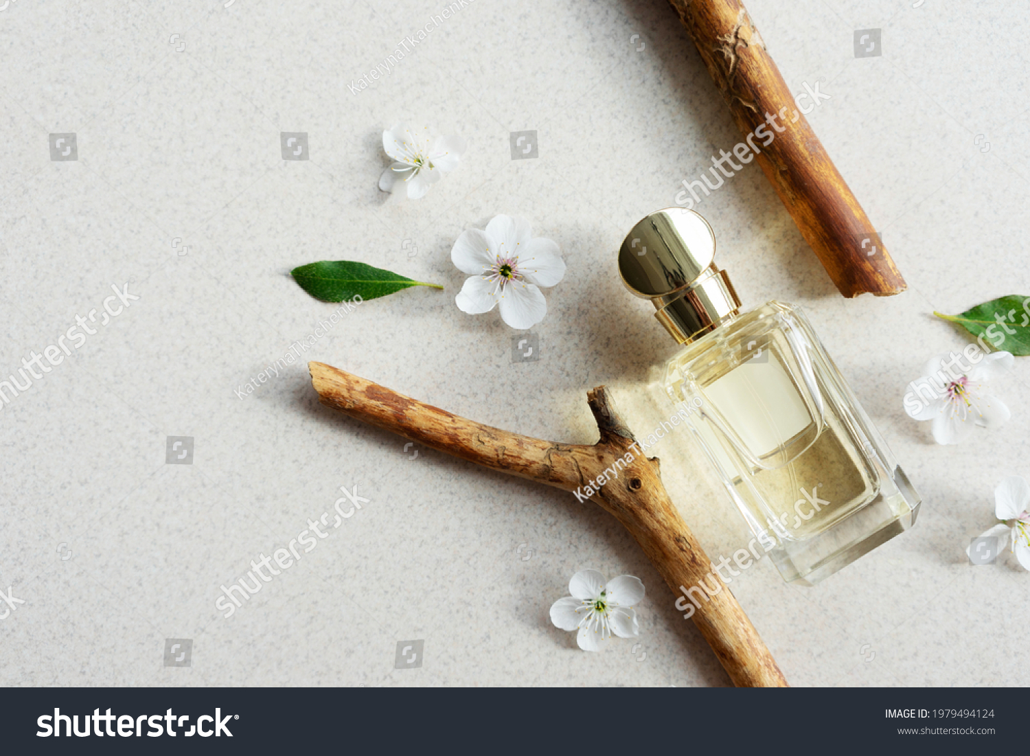 glass perfume bottle on light background with wooden fragments and flowers with sunlight. Summer floral woody perfume concept. Copy space #1979494124