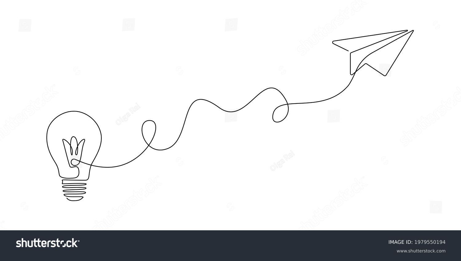 Paper plane flying up connected with light bulb in one continuous line drawing. Airplane in outline style. Startup business idea concept with editable stroke. Vector illustration #1979550194