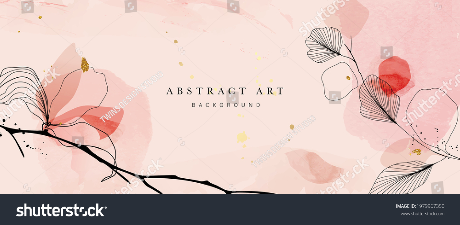 Abstract art botanical pink background vector. Luxury wallpaper with pink and earth tone watercolor, leaf, flower, tree and gold glitter. Minimal Design for text, packaging, prints, wall decoration. #1979967350