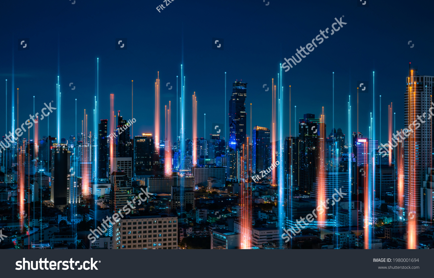 Smart city with wireless network connection and cityscape.big data connection technology concept.Wireless network and Connection technology concept with city background at night. #1980001694