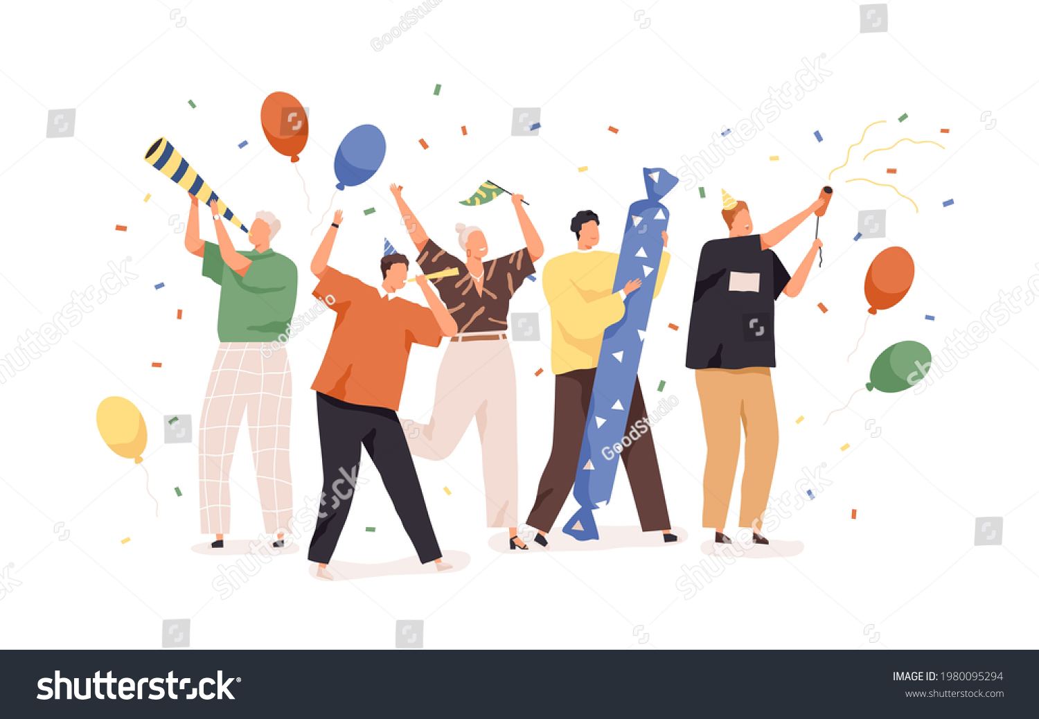 Happy people celebrating birthday with confetti, balloons, party hats and horns. Holiday celebration concept. Men and women rejoicing together. Colored flat vector illustration isolated on white #1980095294