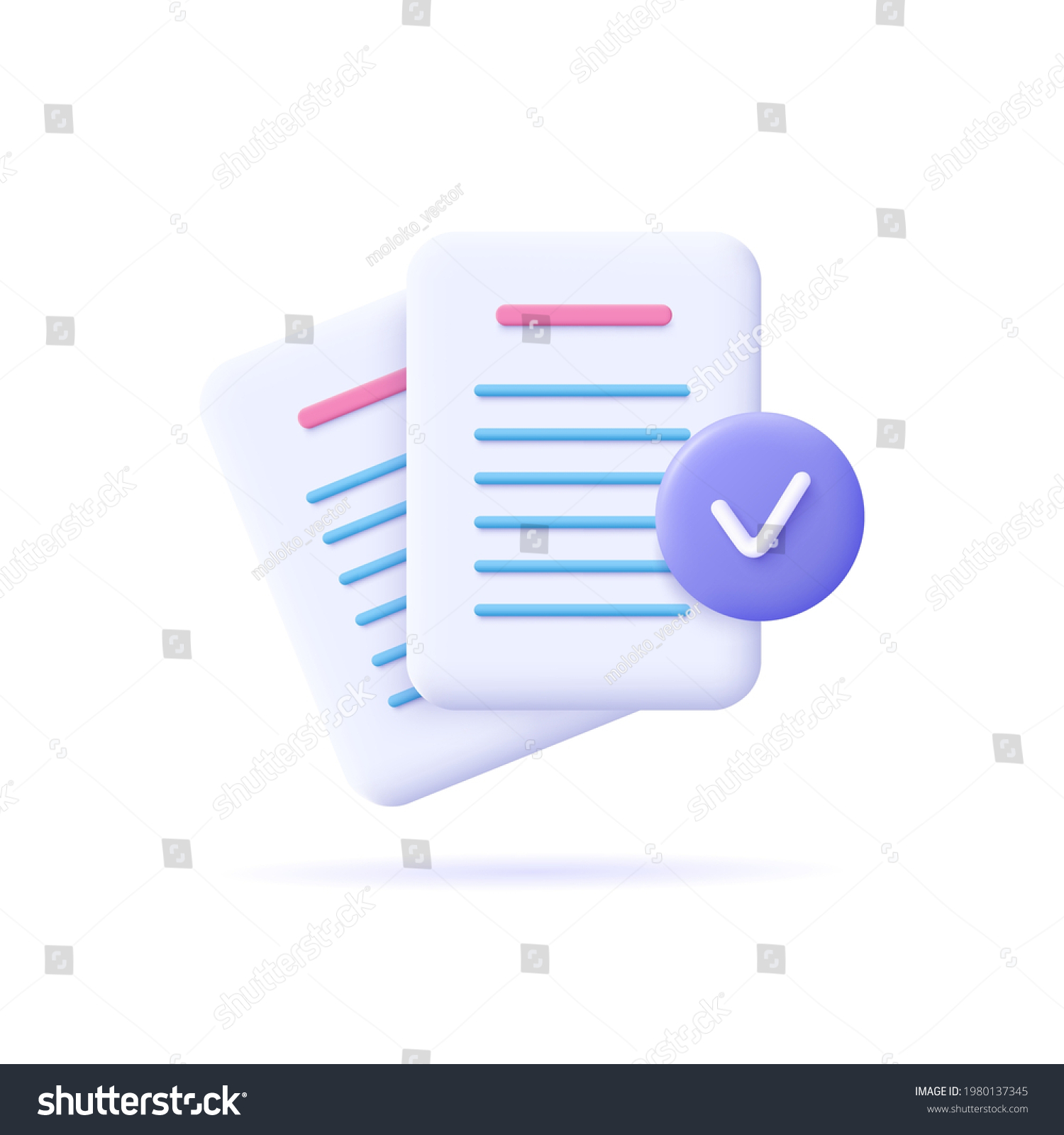 Documents icon. Stack of paper sheets. Confirmed or approved document. Business icon. 3d vector illustration. #1980137345