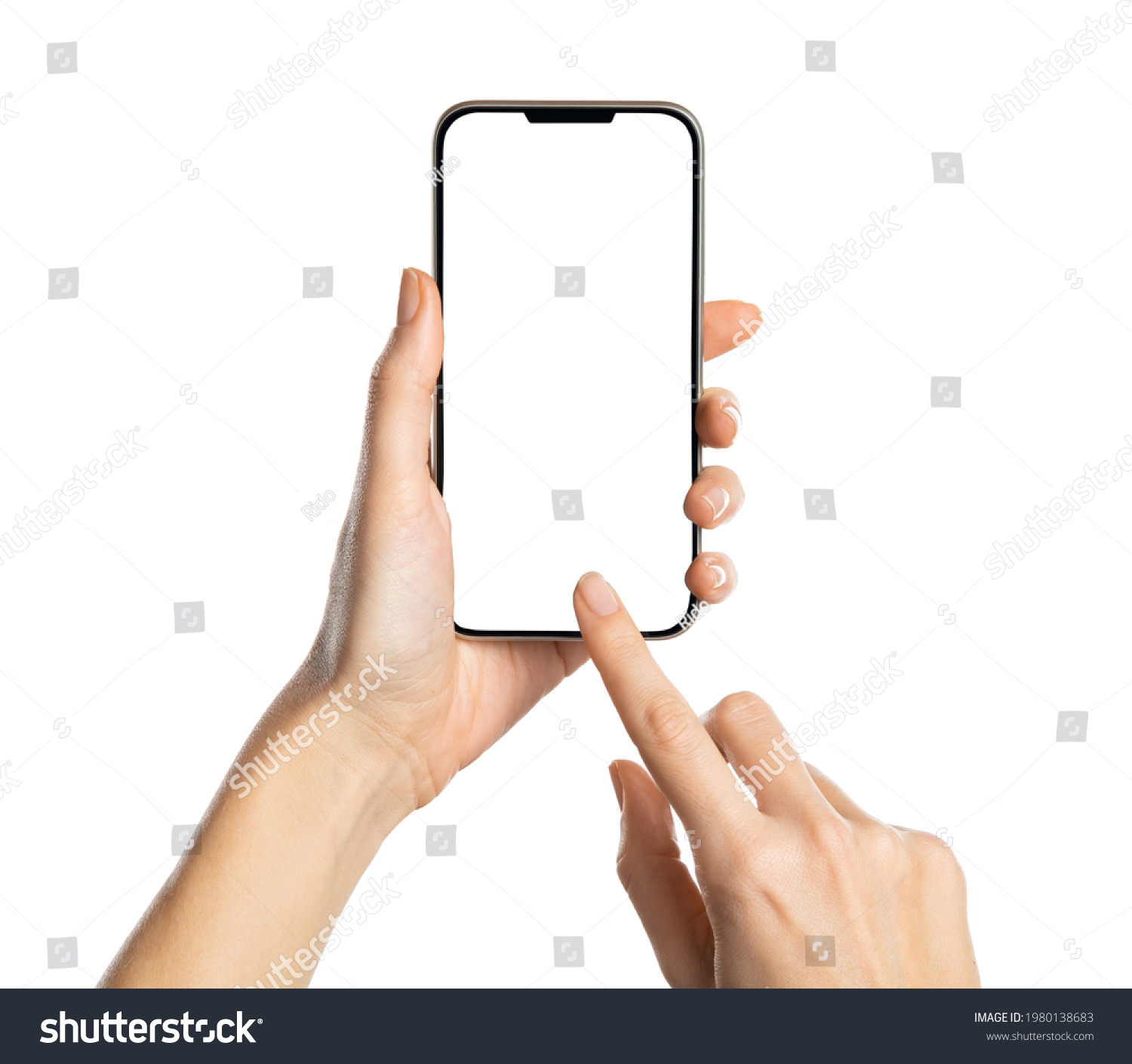 Female hands holding modern cellphone. Close up of woman hands holding smart phone with blank screen. Empty smartphone white screen ready for your app to be placed isolated on white background.  #1980138683