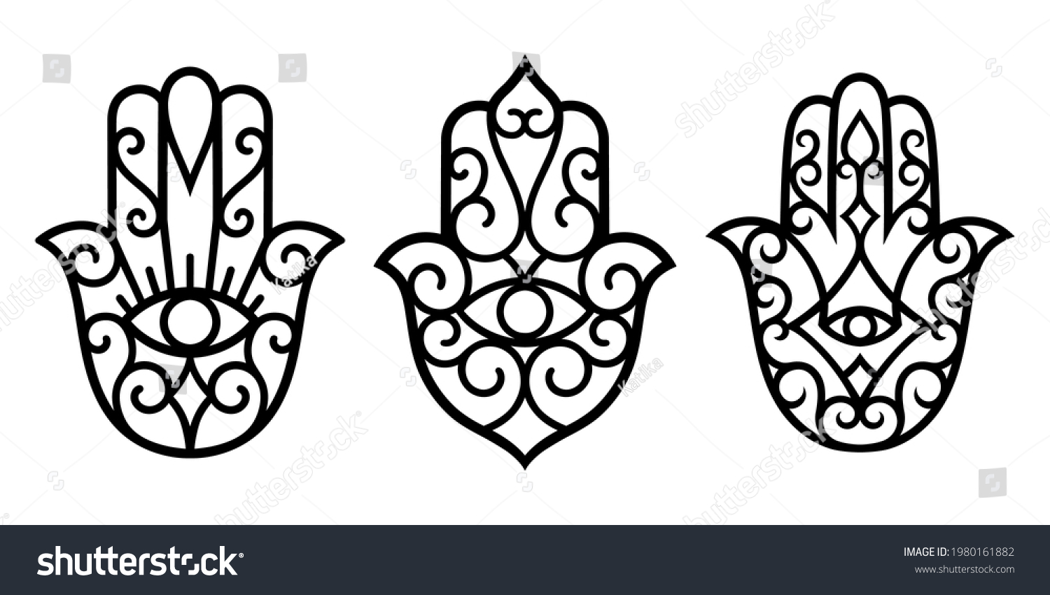 Set of decorative hamsa symbols with eye. Elements of patterns for laser and plotter cutting, embossing, engraving, printing on clothing. Ornaments for henna drawings in the oriental style. #1980161882