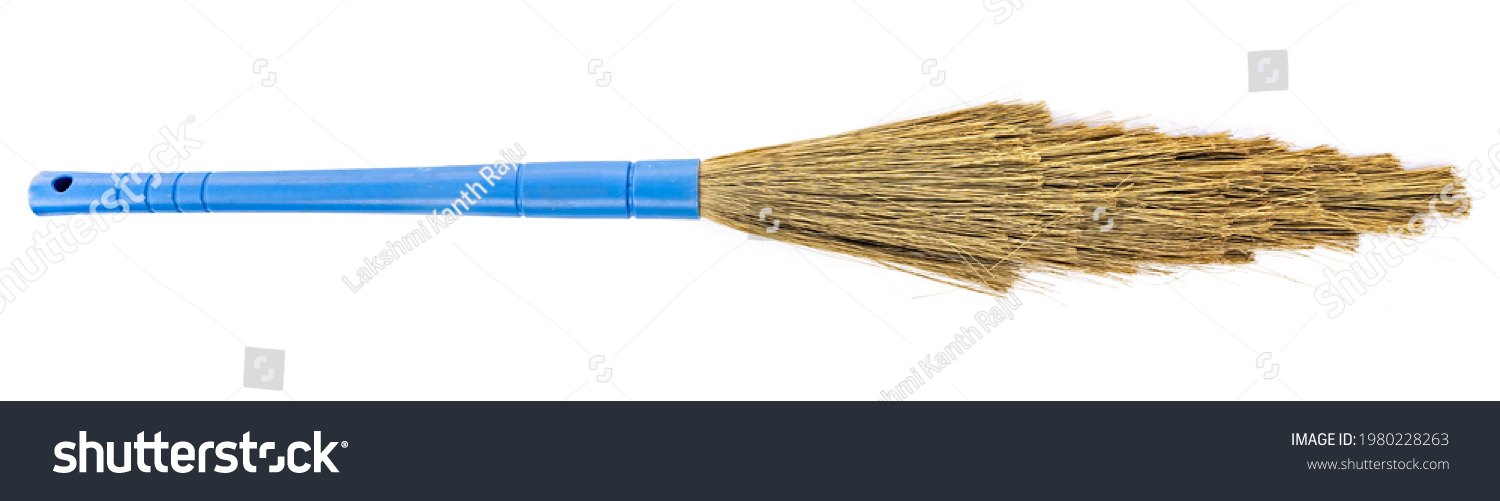 Broom made of plastic washable, longlife and for everyday cleaning use. Isolated broom with plastic or synthetic bristles. #1980228263