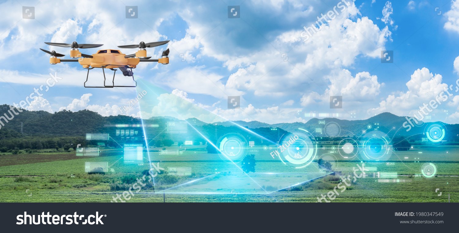 5G technology trend and smart farm agriculture concept.Farmer use ai drone to monitor prediction forecast check of plant field.Agriculture drone fly for research analysis,terrain scanning. #1980347549