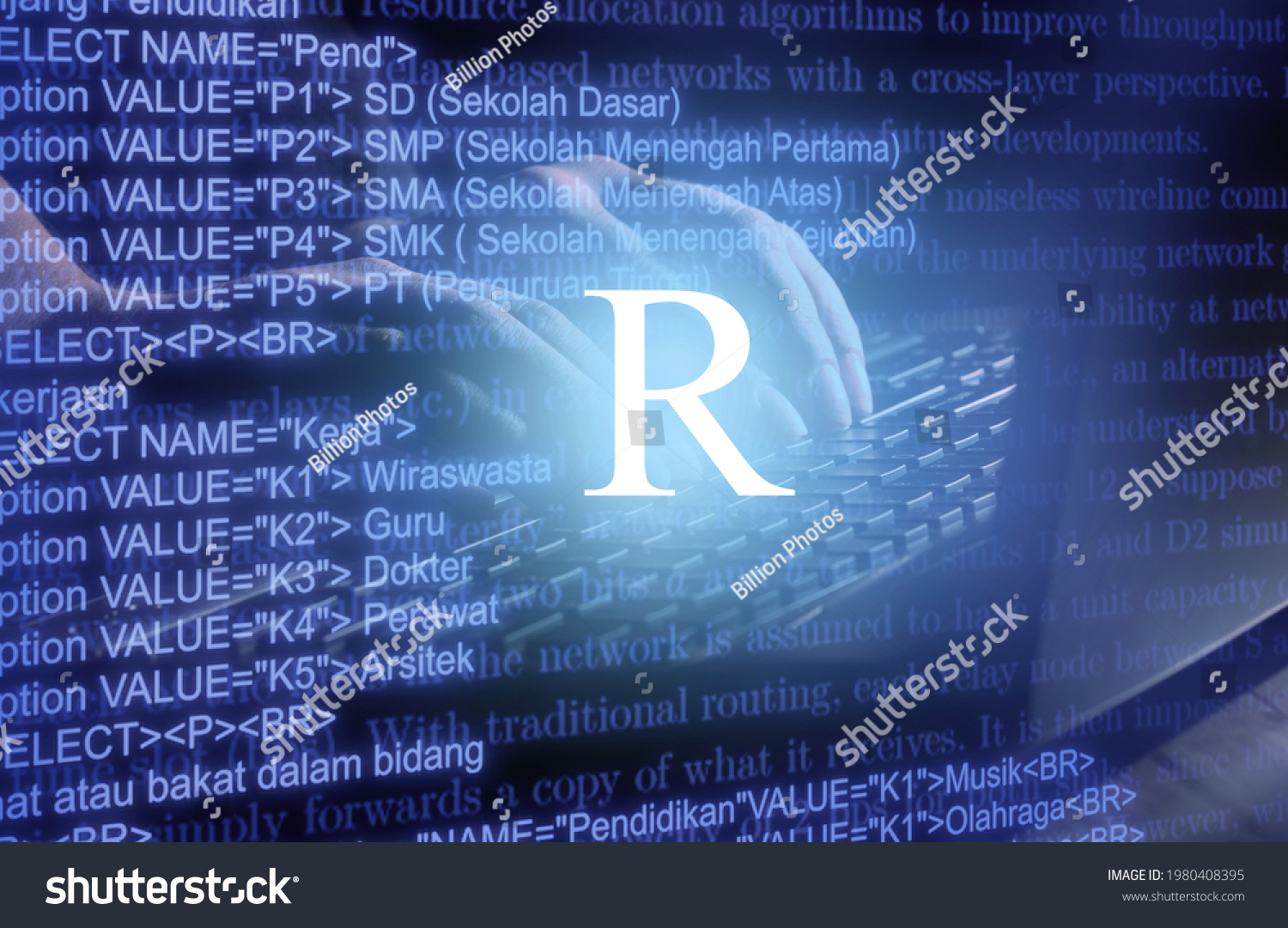 R programming language inscription against laptop computer and code background. #1980408395