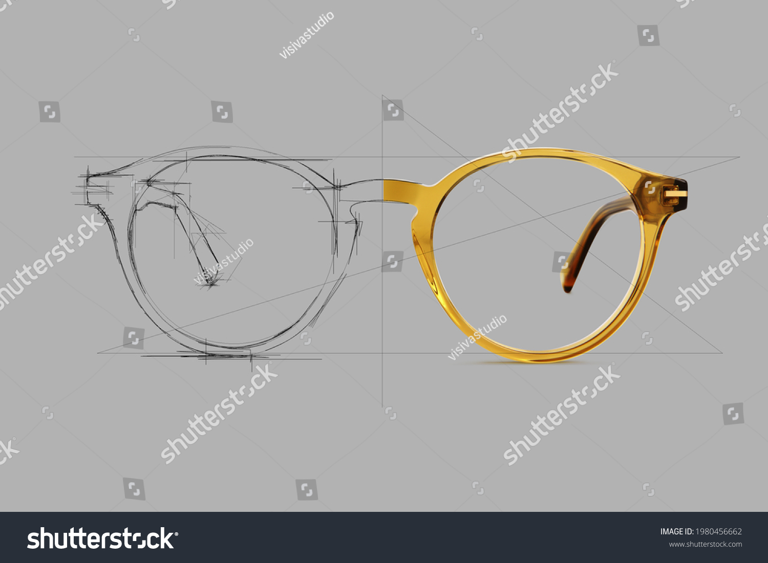 Design sketch draft beige color eye glasses isolated on gray background, ideal photo for display or advertising sign or for a web banner #1980456662