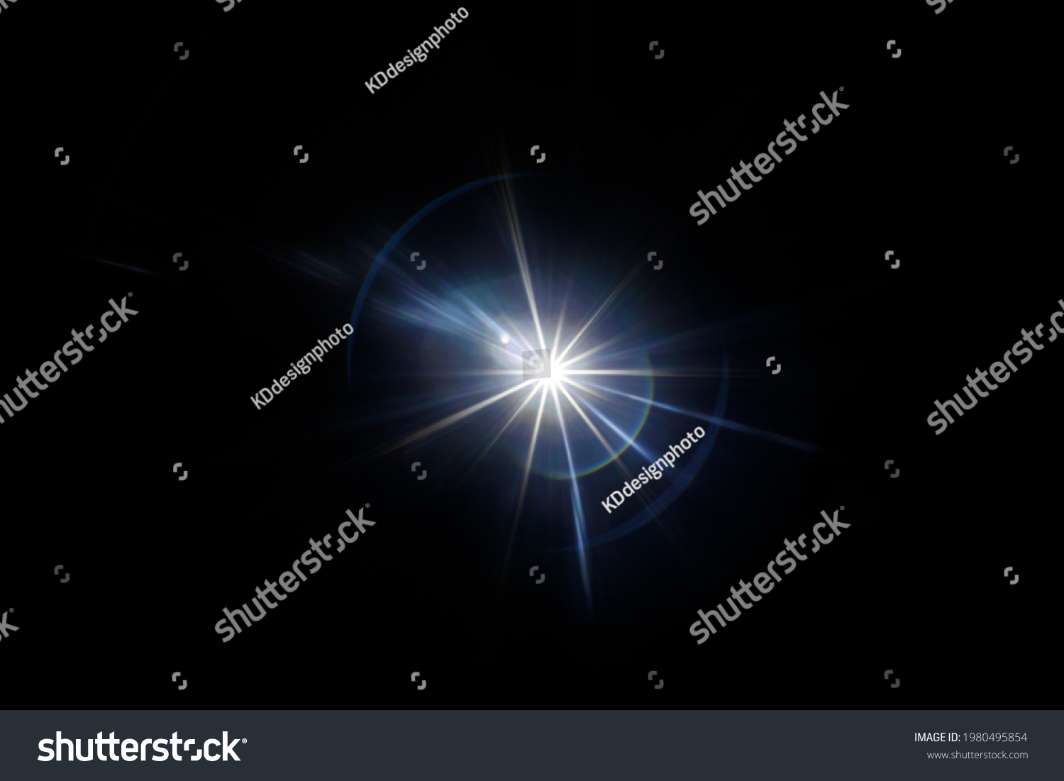 Easy to add lens flare effects for overlay designs or screen blending mode to make high-quality images. Abstract sun burst, digital flare, iridescent glare over black background. #1980495854