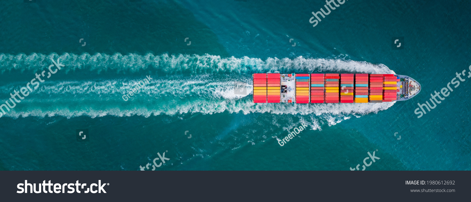 webinar banner,Aerial top view of cargo ship with contrail in the ocean sea ship carrying container and running for export from container custom ocean concept freight shipping by ship service #1980612692