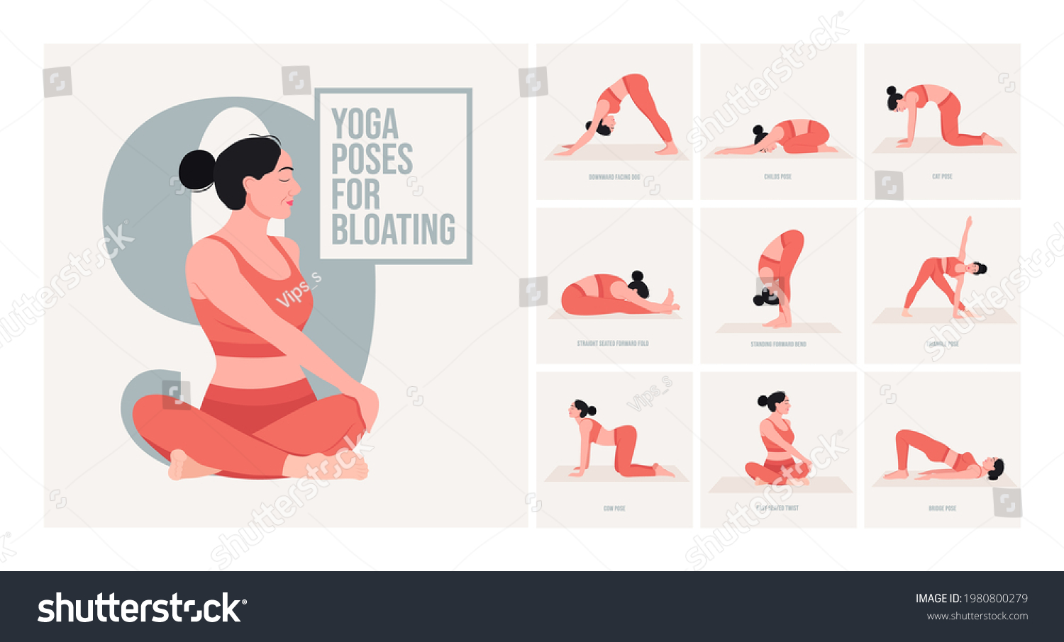 Yoga Poses For Bloating Young Woman Practicing Royalty Free Stock Vector 1980800279 