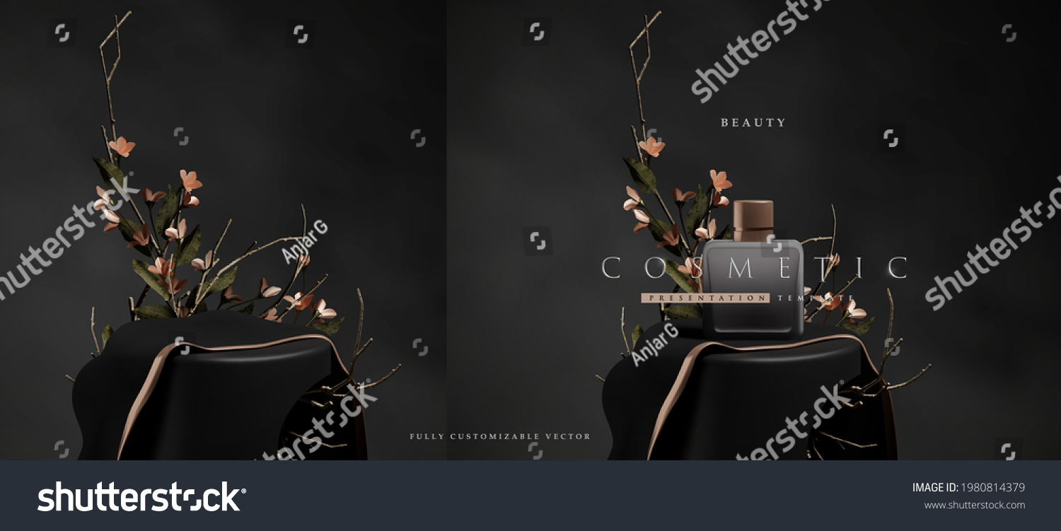 Dark elegant podium scene for product presentation with realistic decorative flowers and branches still life style. professional product display placement template #1980814379
