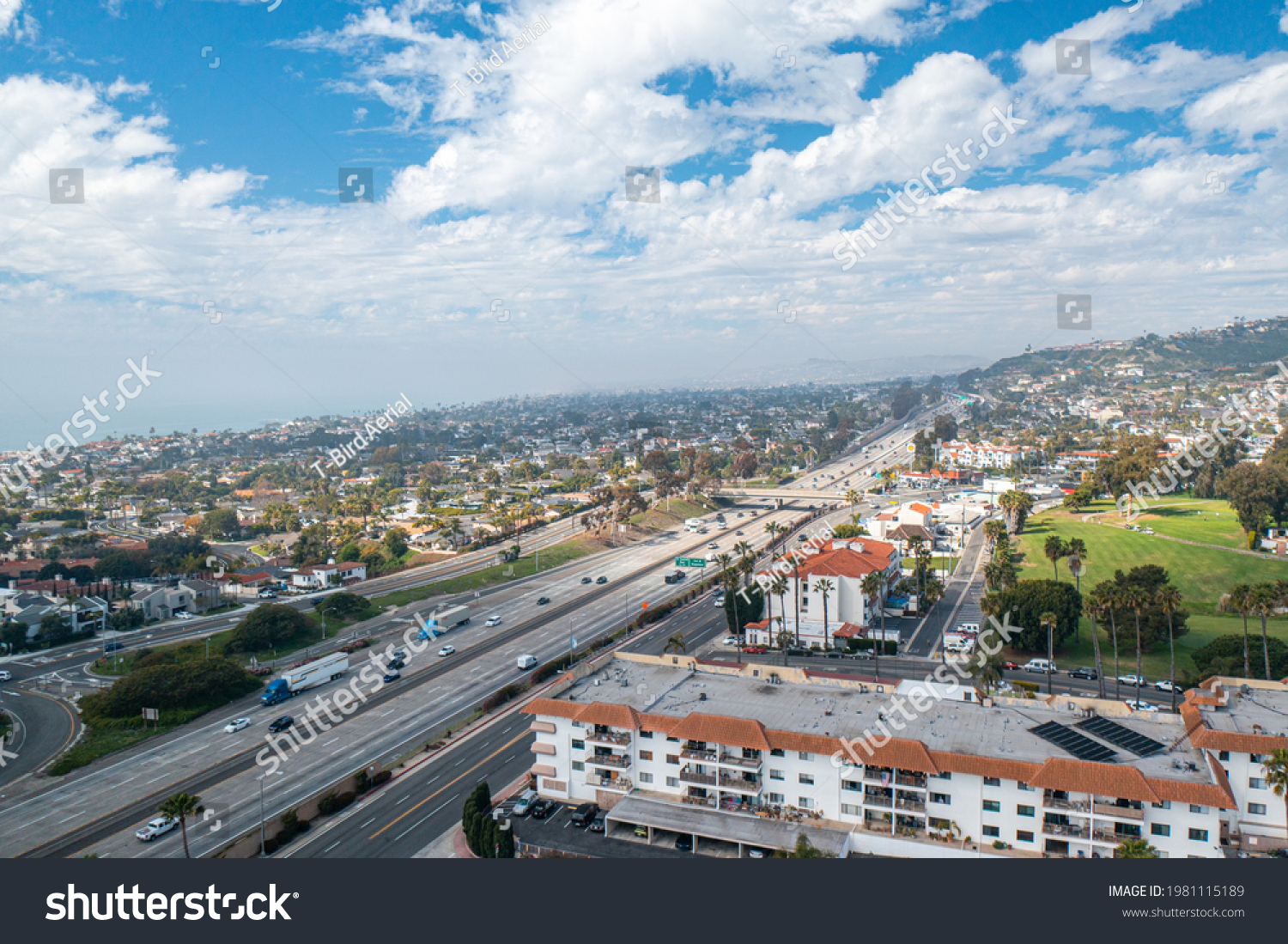 High Altitude Drone Shot of North San Clemente, Looking Over the I-5 Freeway #1981115189