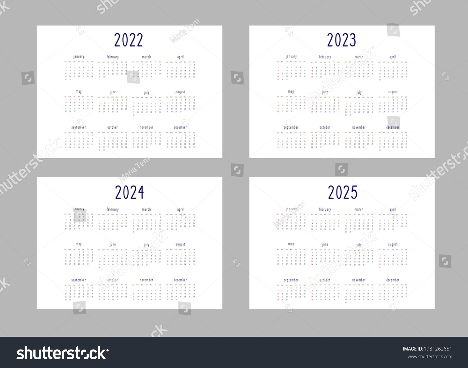 calendar 2022 2023 2024 2025 years template in - Royalty Free Stock ...